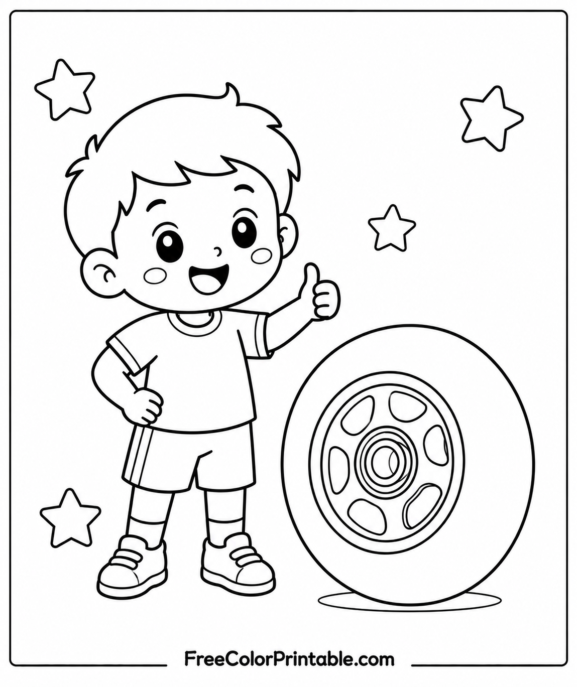 Happy boy with roller skate wheel Coloring Page — Free Printable — free printable coloring page